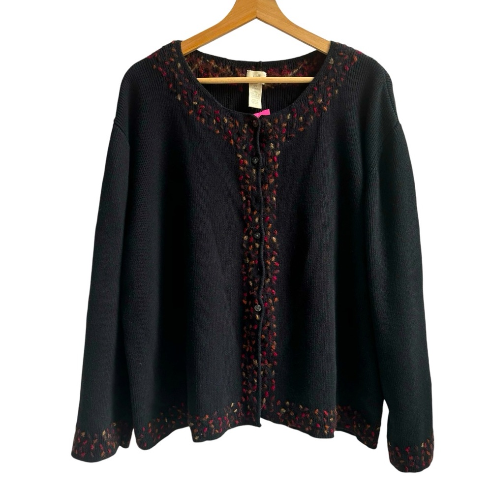 J. Jill Cotton Wool Floral Embroidered Cardigan Sweater Button Front Black Sz 2X